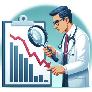Vektorillustrasjon som viser en doktor som ser bekymret på en nedadgående graf, symboliserende økonomisk tilbakegang eller utfordringer.